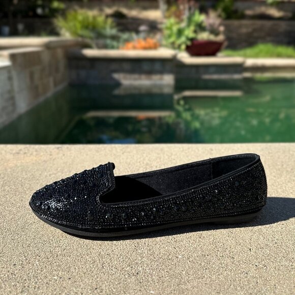 New Black Rhinestone Crystal Pavé Loafers Ballet Flat Ballerina Shoes Round Toe - Picture 4 of 6